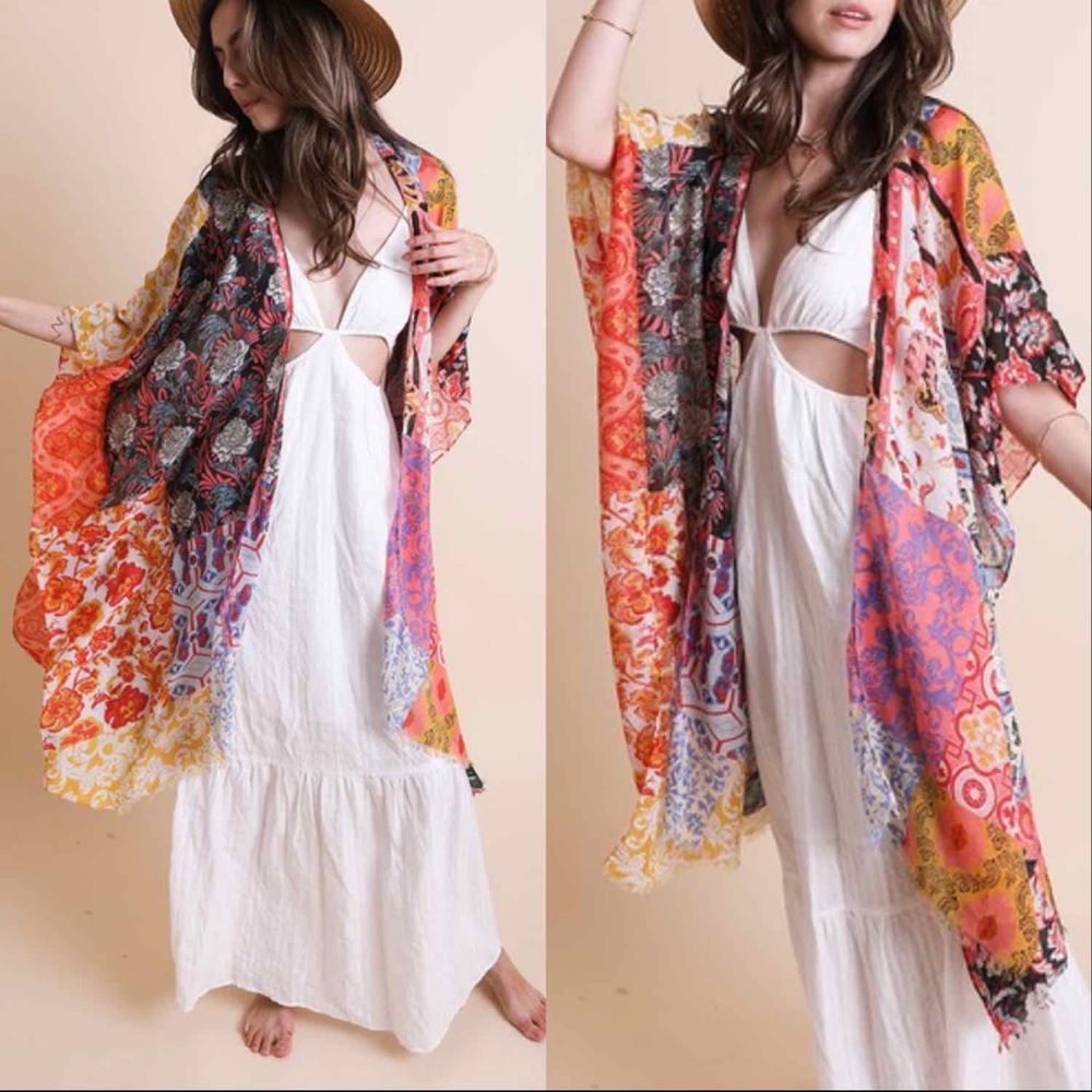 INDIE PRINTED KIMONO DUSTER COVER UP - Picture 3 of 10